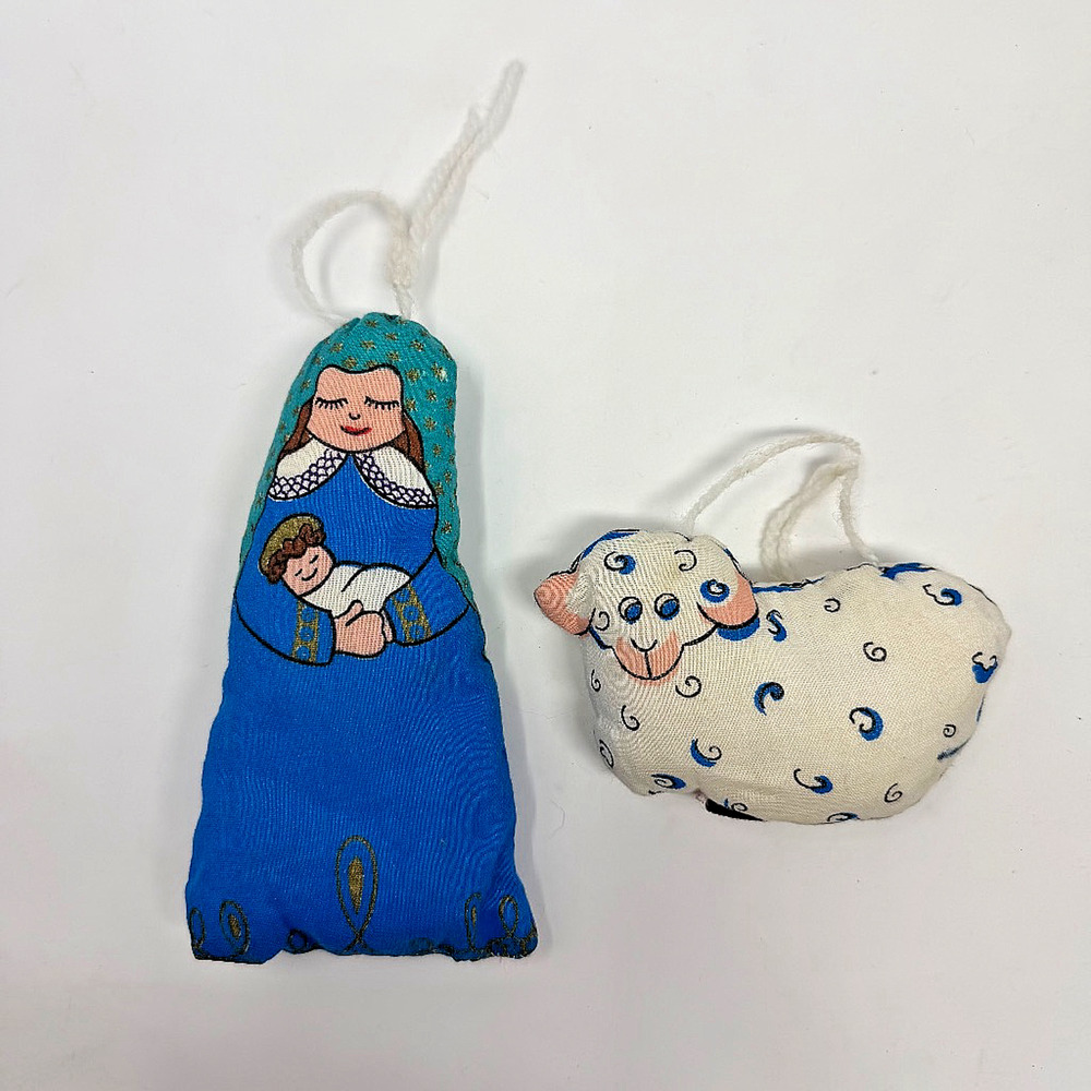 Handmade Fabric Nativity Ornaments Mary Baby Jesus Sheep Lot of 2